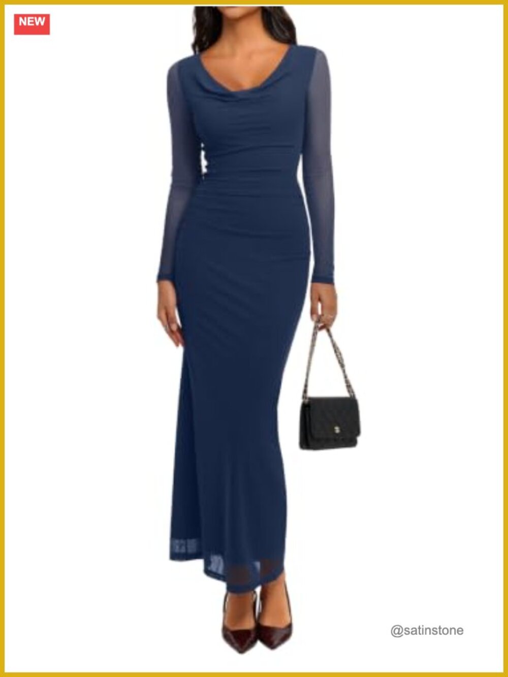 REORIA Women's Maxi Dress Cowl Neck Ruched Bodycon Long Sleeve Formal